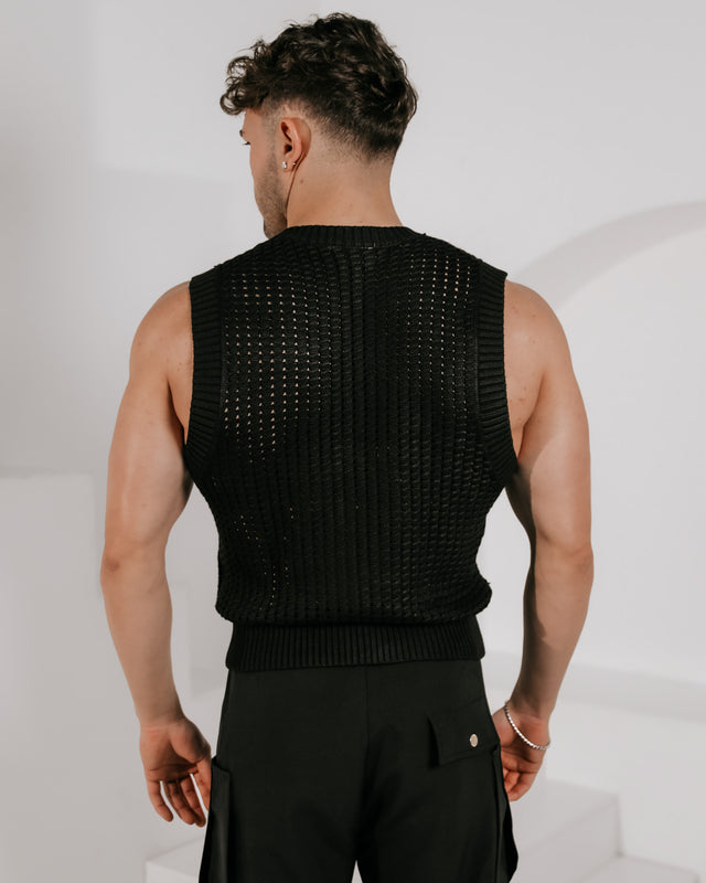 Men’s Sleeveless Crochet Vest - Black