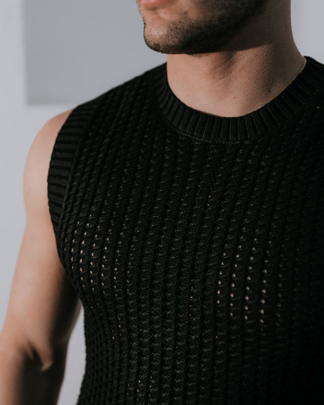 Men’s Sleeveless Crochet Vest - Black