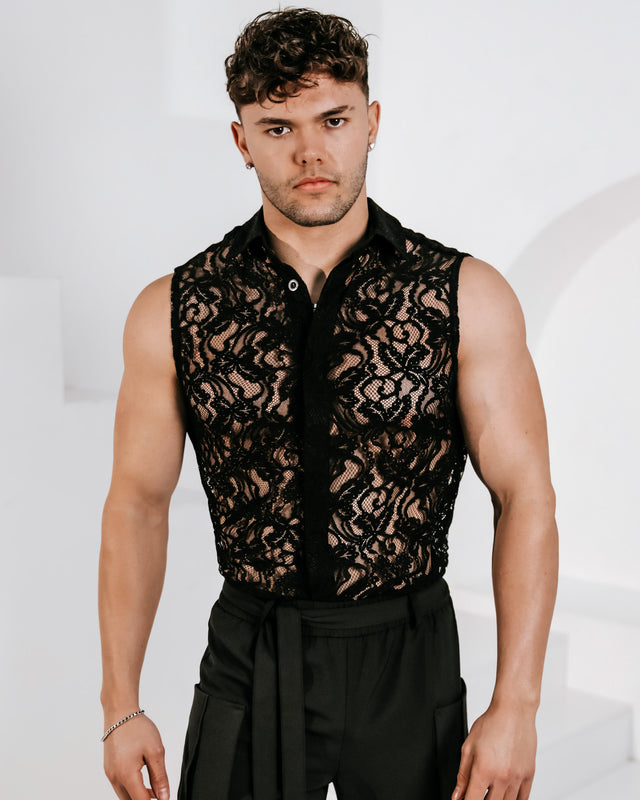 Men’s Sleeveless Lace Shirt - Black