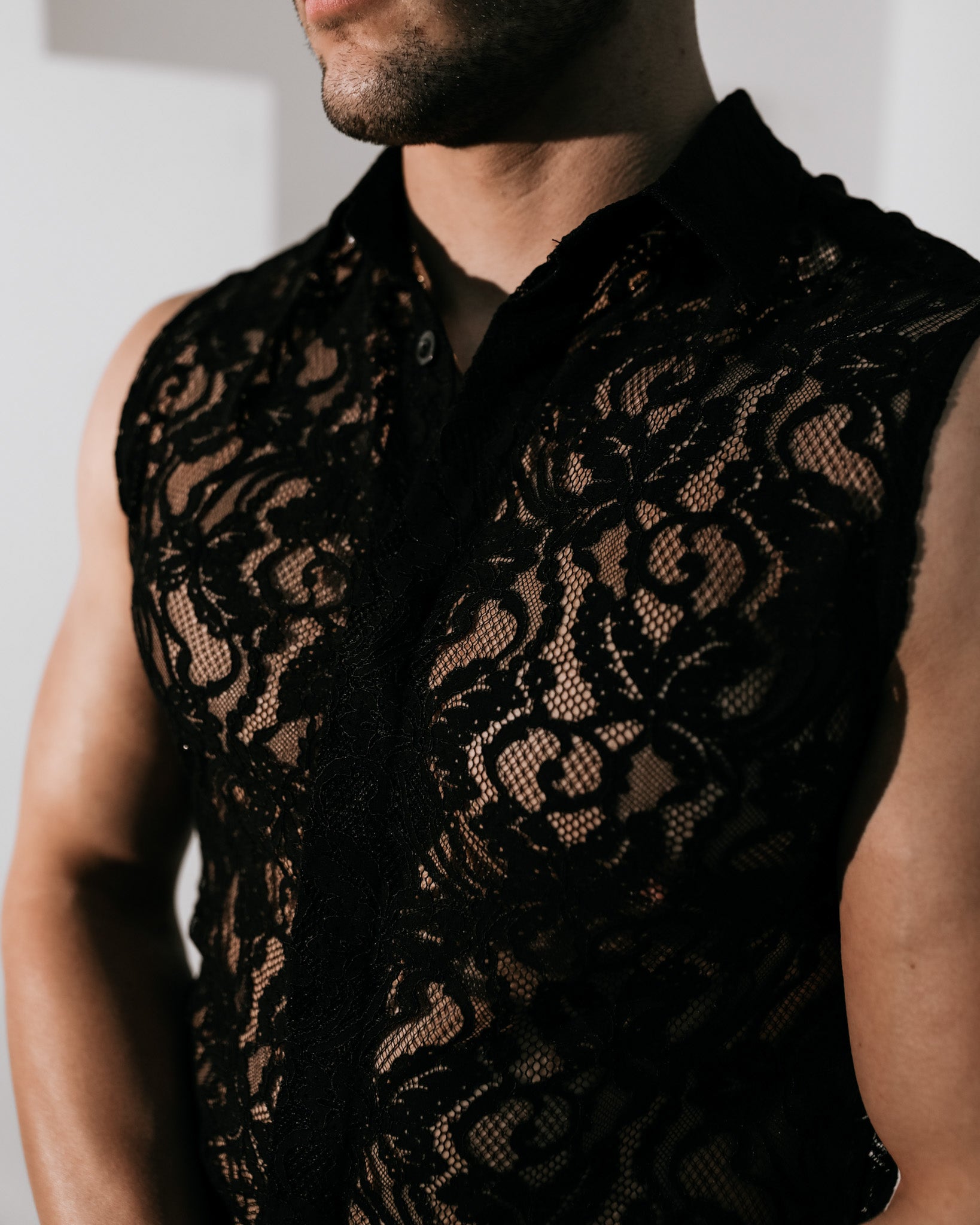 Men s Sleeveless Lace Shirt Black Vaquita The Label