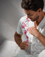 Men's Ice Silk Shirt - Embroidery Sakura White