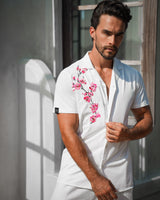 Men's Ice Silk Shirt - Embroidery Sakura White