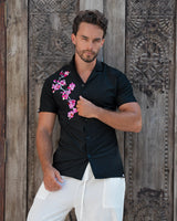 Men's Ice Silk Shirt - Embroidery Sakura Black