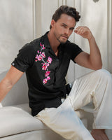 Men's Ice Silk Shirt - Embroidery Sakura Black