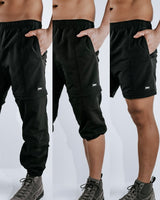 Three Tiered Convertible Cargo Parachute Pants - Black