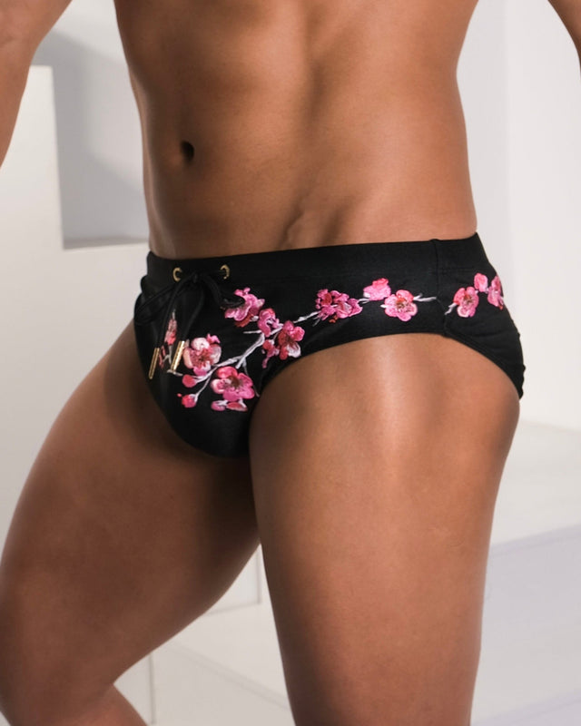 Embroidered Sakura Swim Brief - Black
