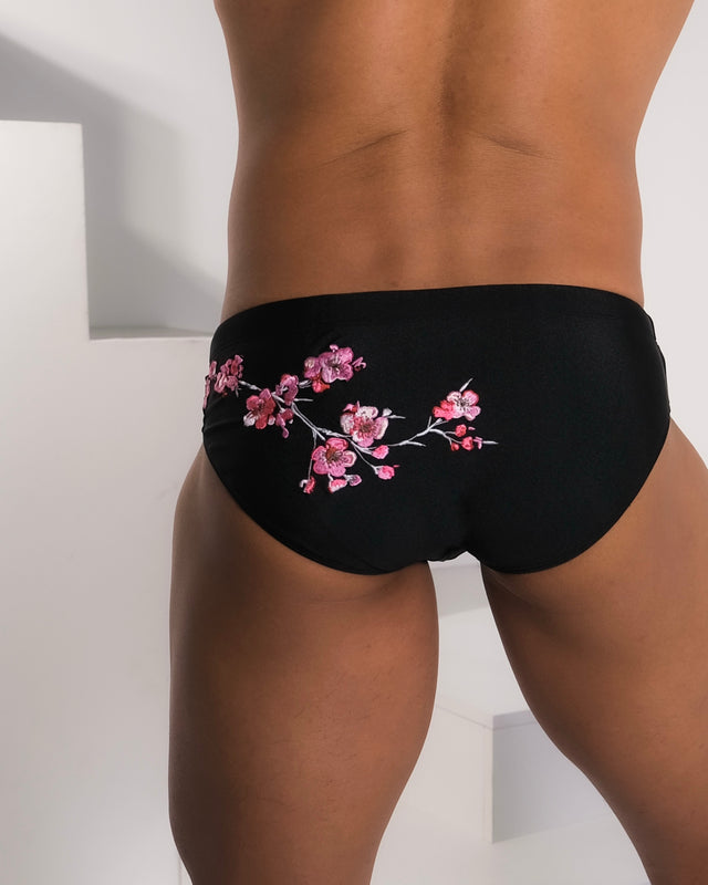 Embroidered Sakura Swim Brief - Black