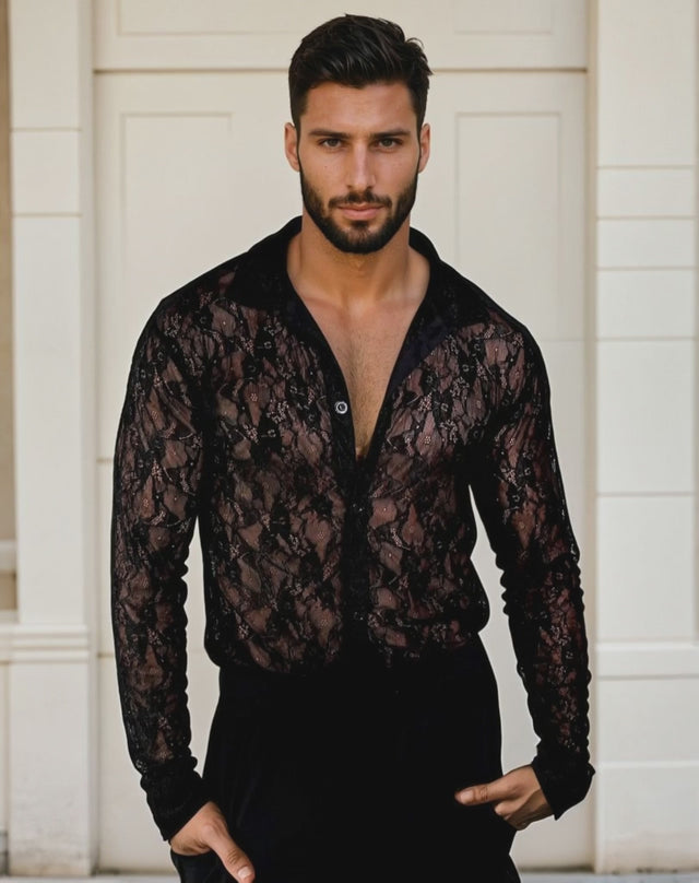 Zion Long Sleeve Ultra-fine Lace Shirt - Black