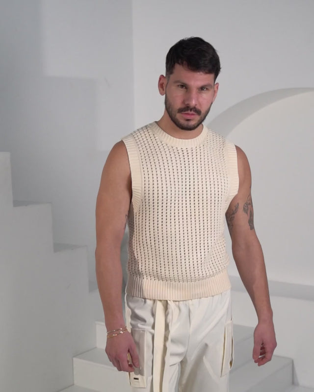 Men’s Sleeveless Crochet Vest - Beige